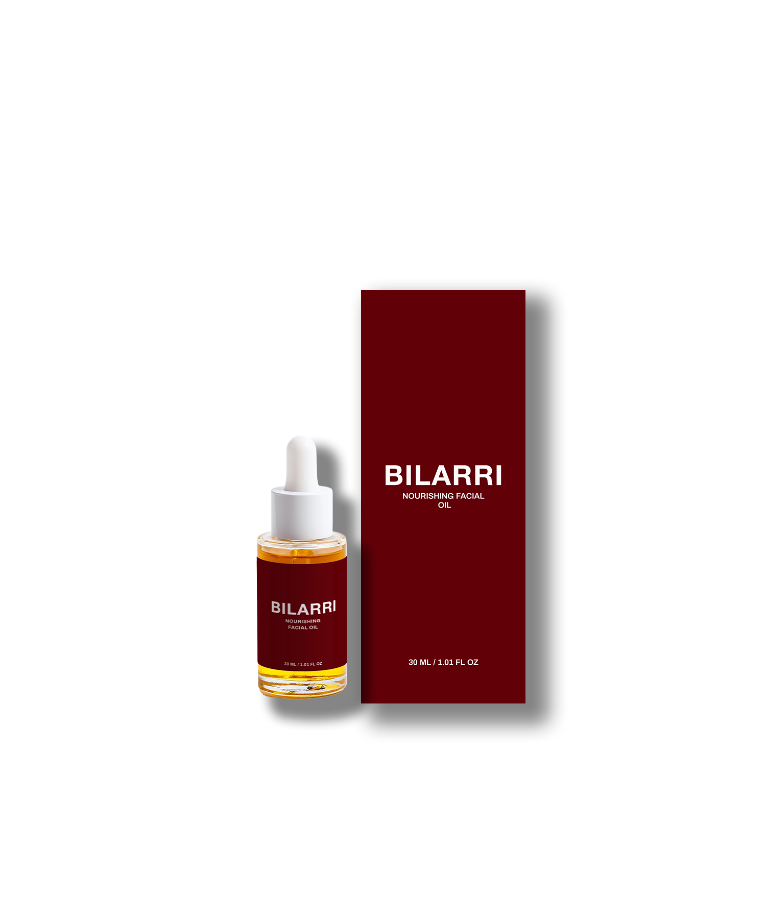 Bilarri nourishing facial oil bottle and packaging on a white background