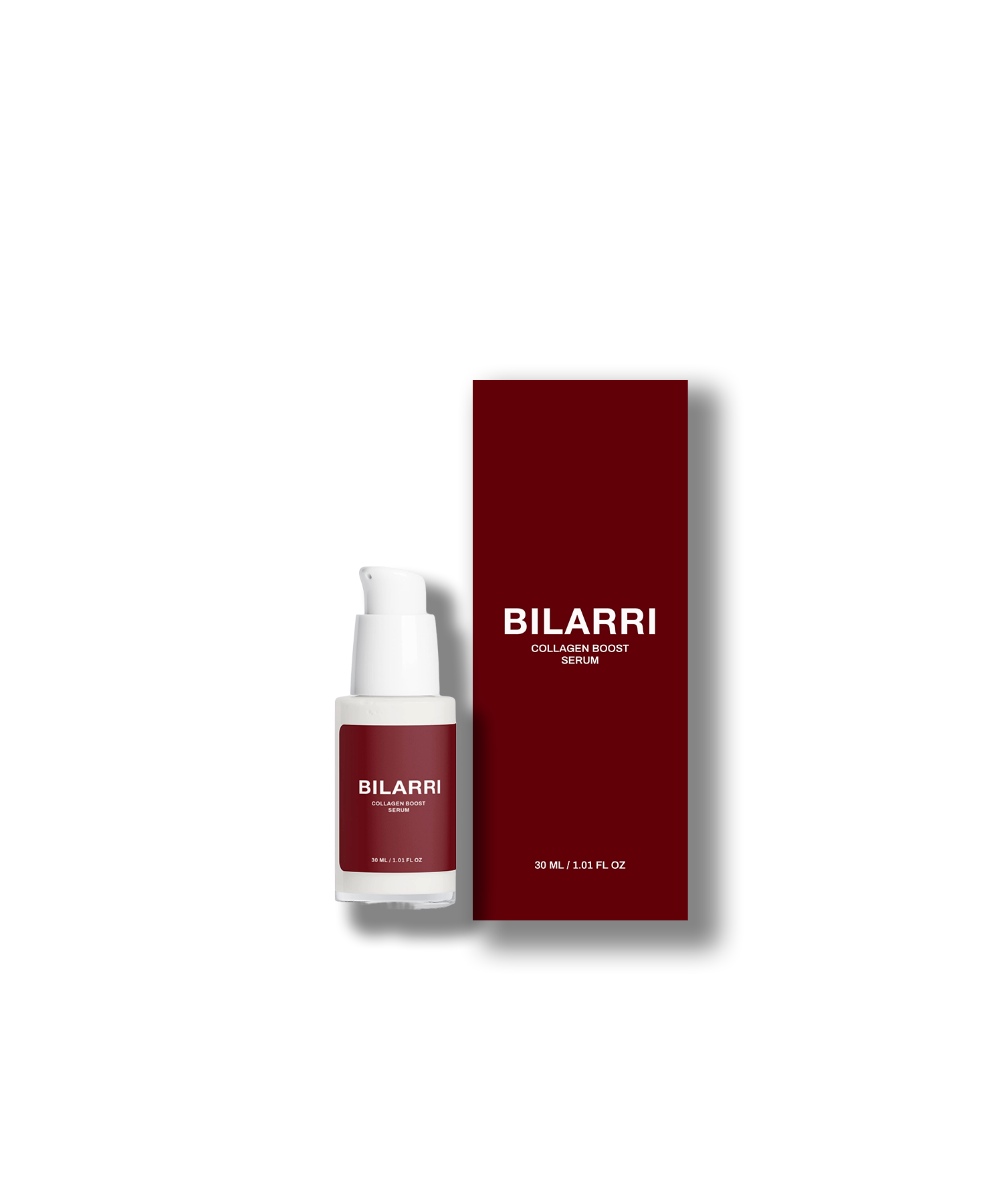Bilarri collagen boost serum bottle and packaging on a white background