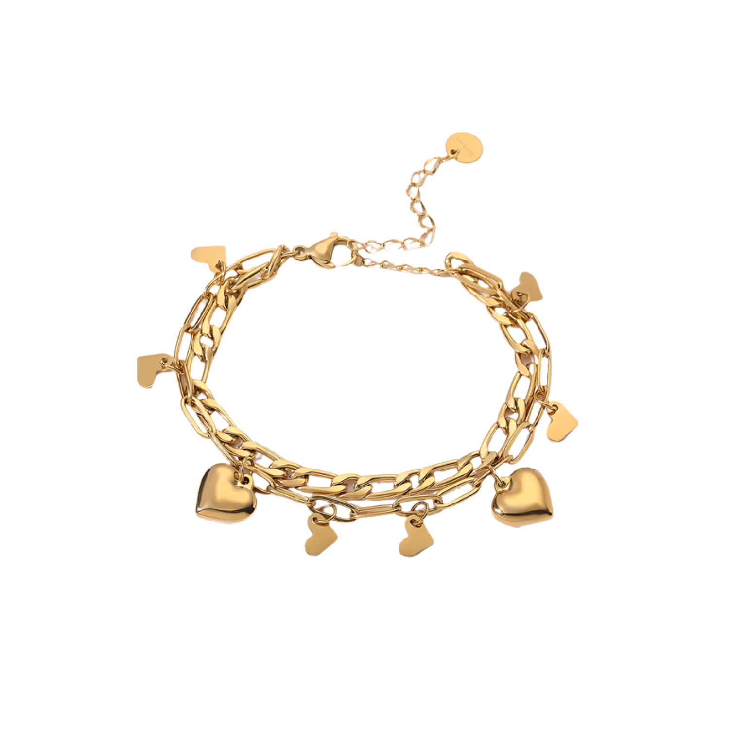 Gold bracelet with heart charms on a white background. 1.	18k gold plated jewelry
	2.	gold plated stainless steel jewelry
	3.	tarnish free gold jewelry
	4.	waterproof gold jewelry
	5.	affordable gold jewelry
	6.	non-tarnish gold jewelry
	7.	hypoallergenic gold jewelry
	8.	durable gold plated jewelry
	9.	everyday gold jewelry
	10.	buy 18k gold plated jewelry online
	11.	luxury gold plated jewelry on a budget
	12.	vegan-friendly gold jewelry
	13.	minimalist gold plated earrings
	14.	statement gold rings for w