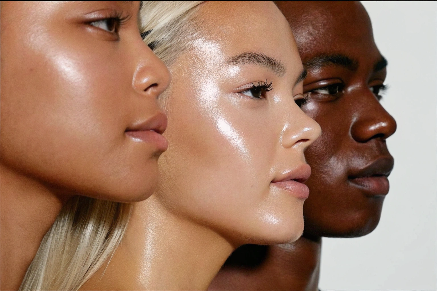 Three people with different skin tones standing side by side.